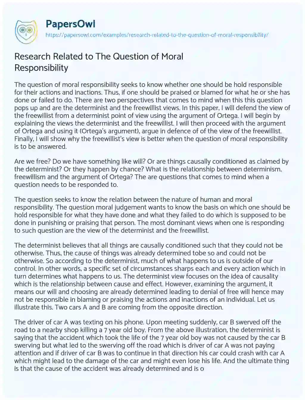 Essay on Research Related to the Question of Moral Responsibility