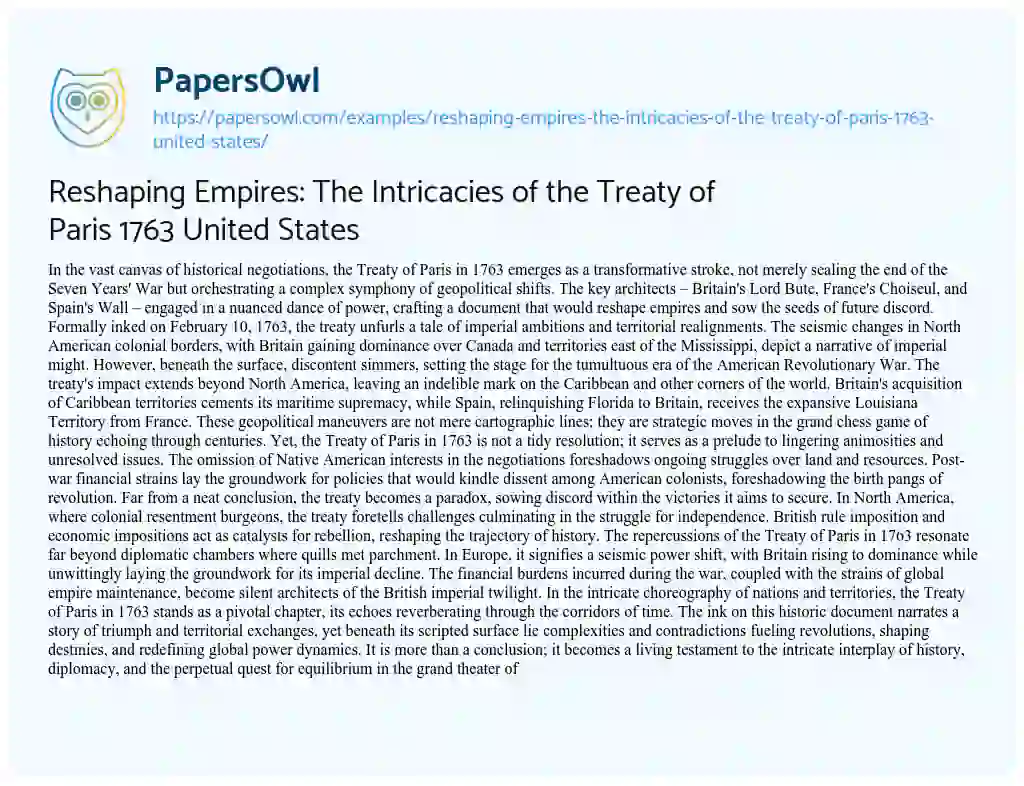 Essay on Reshaping Empires: the Intricacies of the Treaty of Paris 1763 United States
