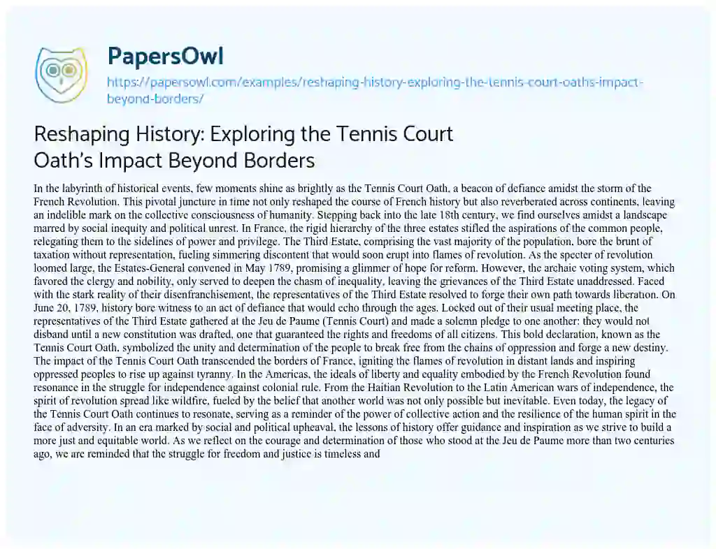 Essay on Reshaping History: Exploring the Tennis Court Oath’s Impact Beyond Borders