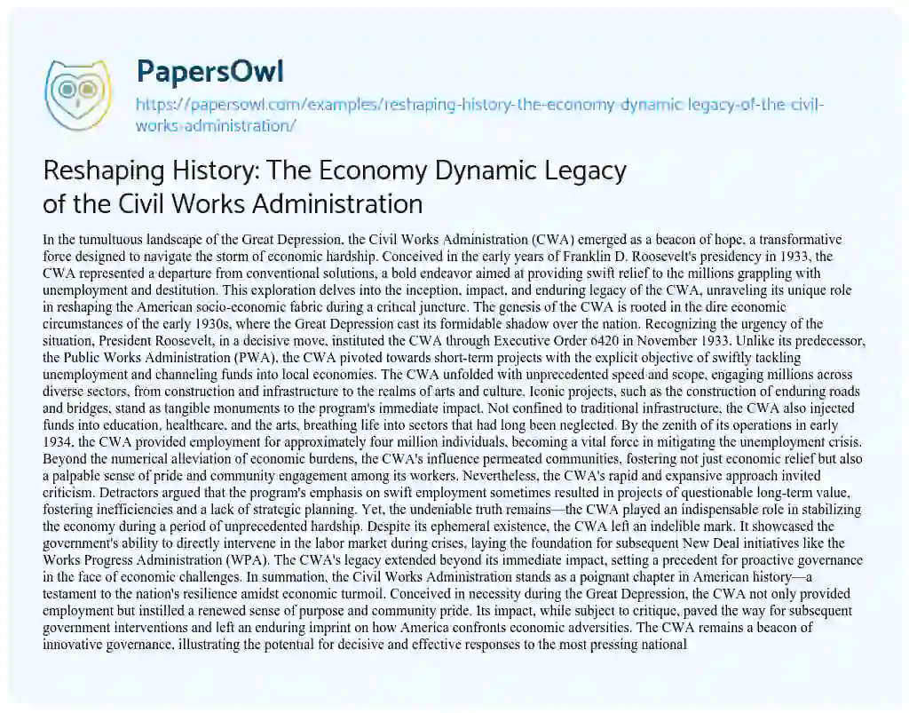 Essay on Reshaping History: the Economy Dynamic Legacy of the Civil Works Administration