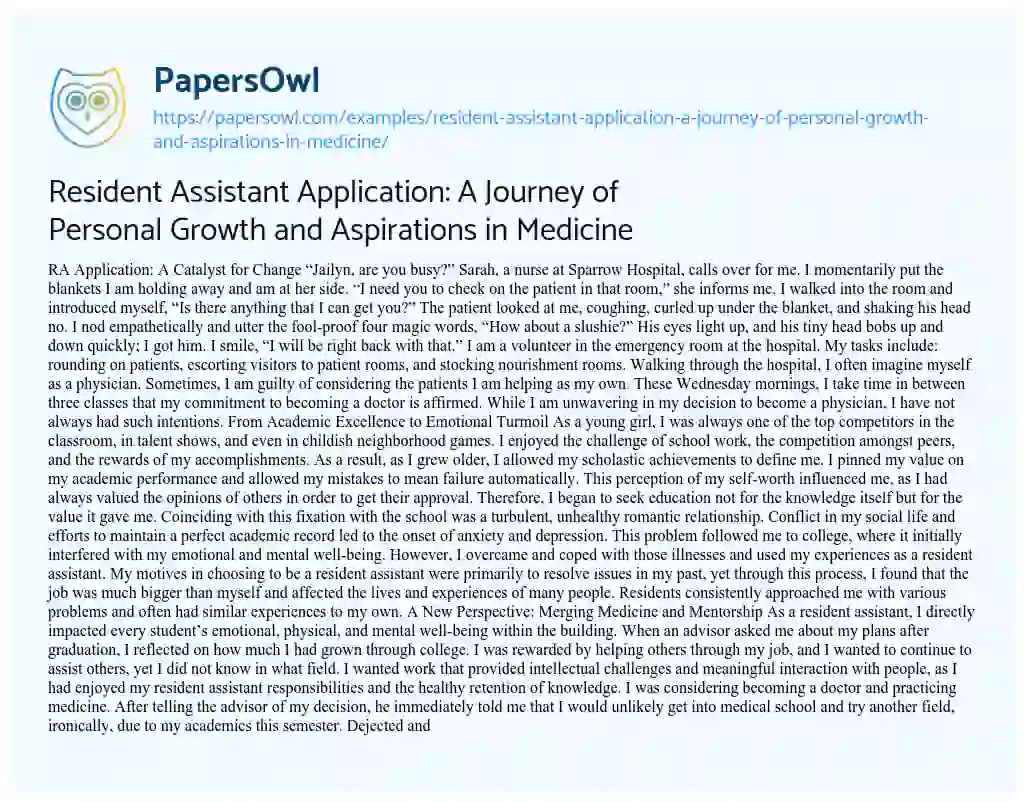 Essay on Resident Assistant Application: a Journey of Personal Growth and Aspirations in Medicine