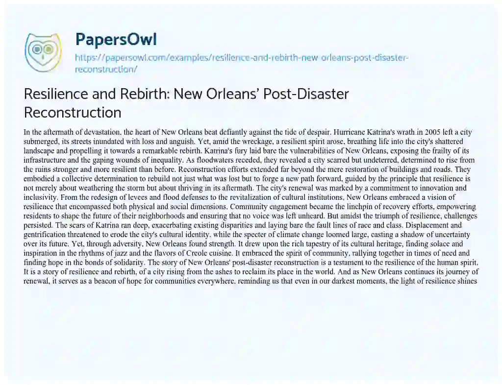 Essay on Resilience and Rebirth: New Orleans’ Post-Disaster Reconstruction