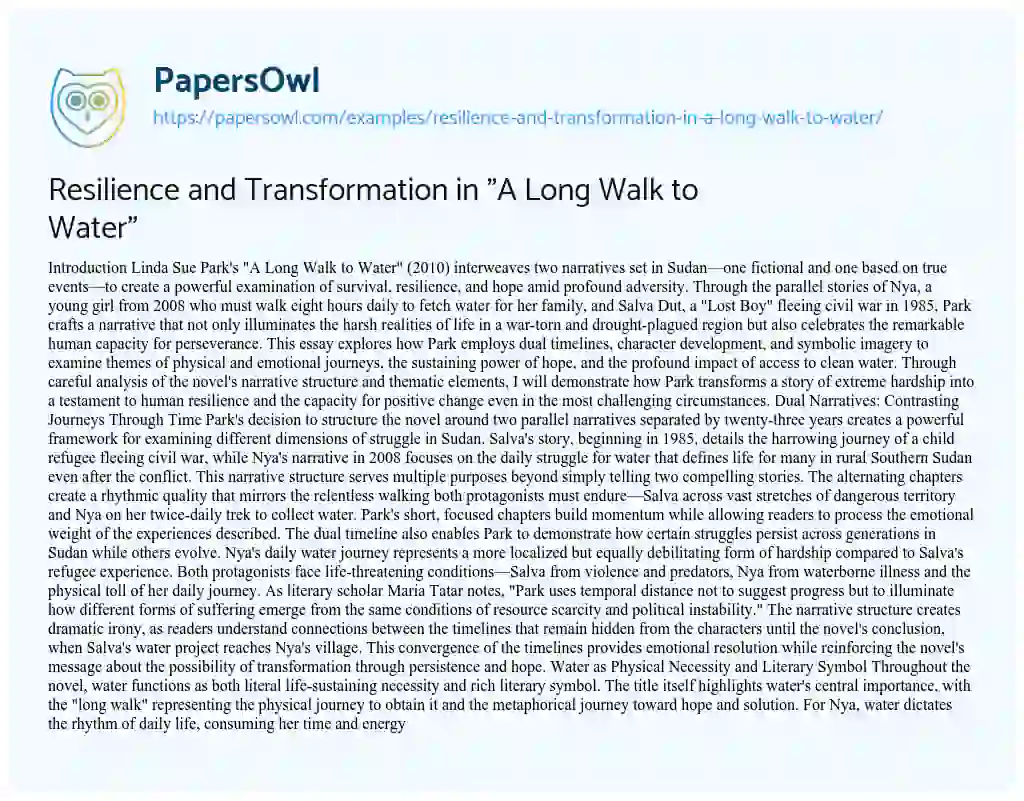 Essay on Resilience and Transformation in “A Long Walk to Water”