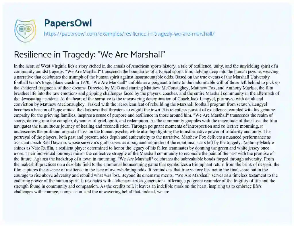 Essay on Resilience in Tragedy: “We are Marshall”