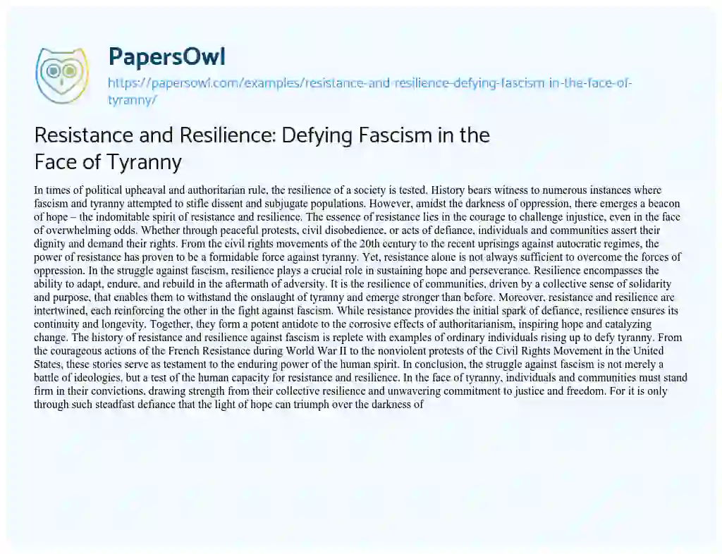 Essay on Resistance and Resilience: Defying Fascism in the Face of Tyranny