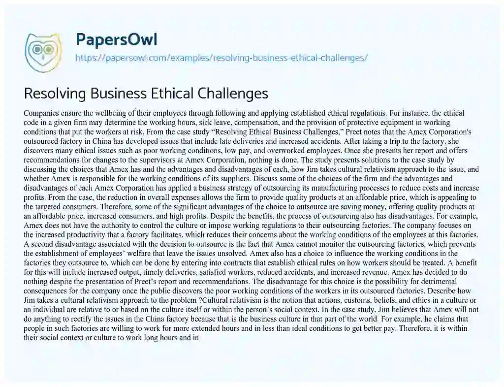 Essay on Resolving Business Ethical Challenges