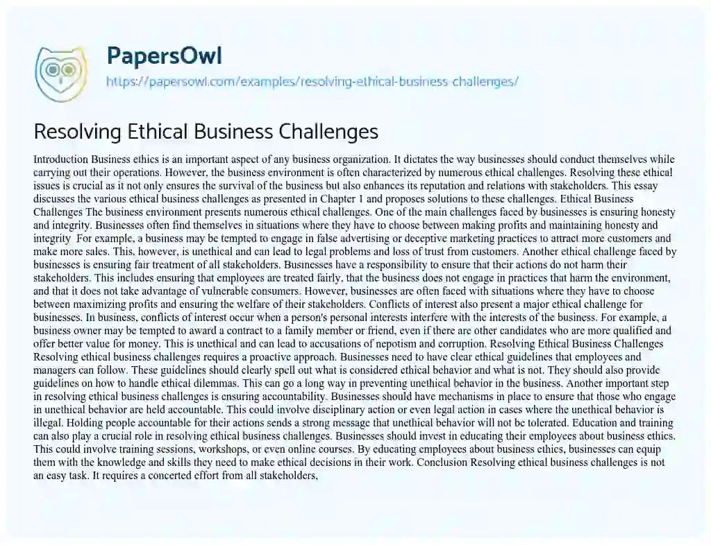Essay on Resolving Ethical Business Challenges
