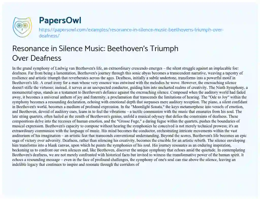 Essay on Resonance in Silence Music: Beethoven’s Triumph Over Deafness