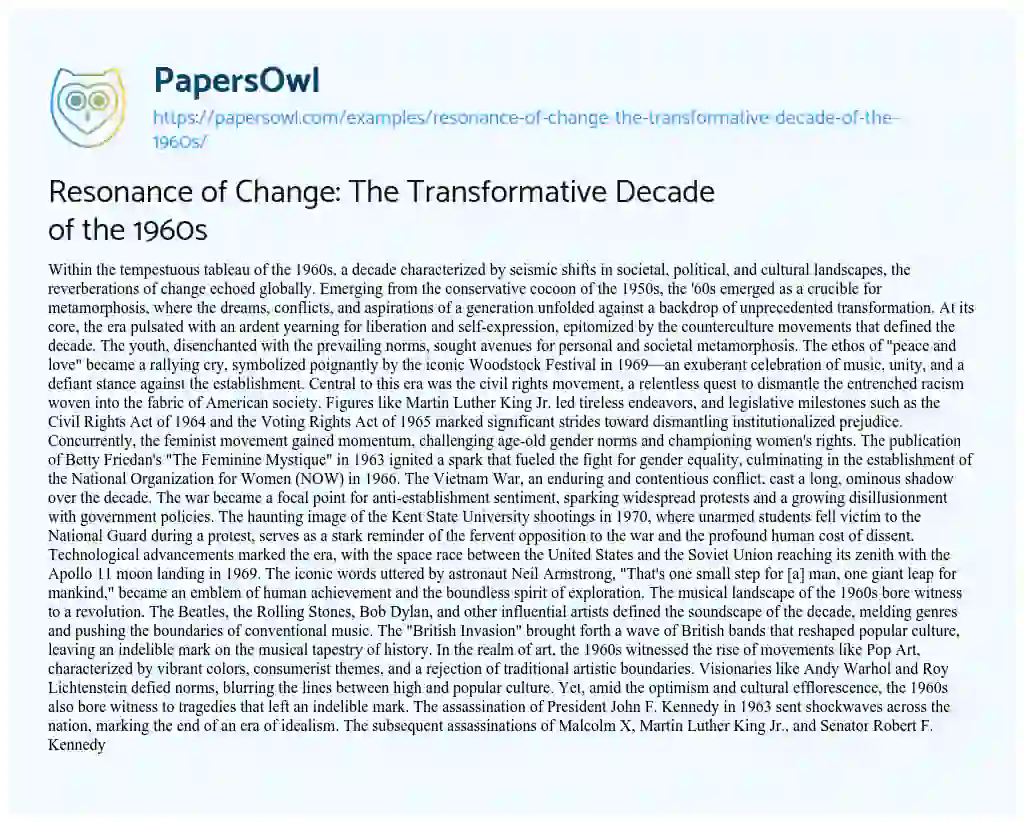 Essay on Resonance of Change: the Transformative Decade of the 1960s