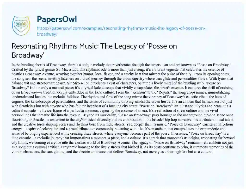 Essay on Resonating Rhythms Music: the Legacy of ‘Posse on Broadway’