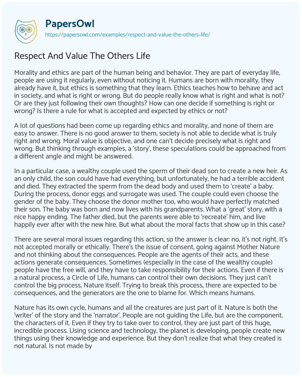 Essay on Respect and Value the Others Life