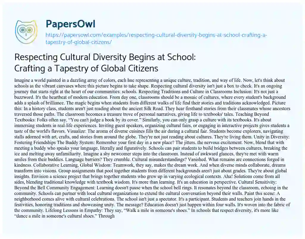 Essay on Respecting Cultural Diversity Begins at School: Crafting a Tapestry of Global Citizens