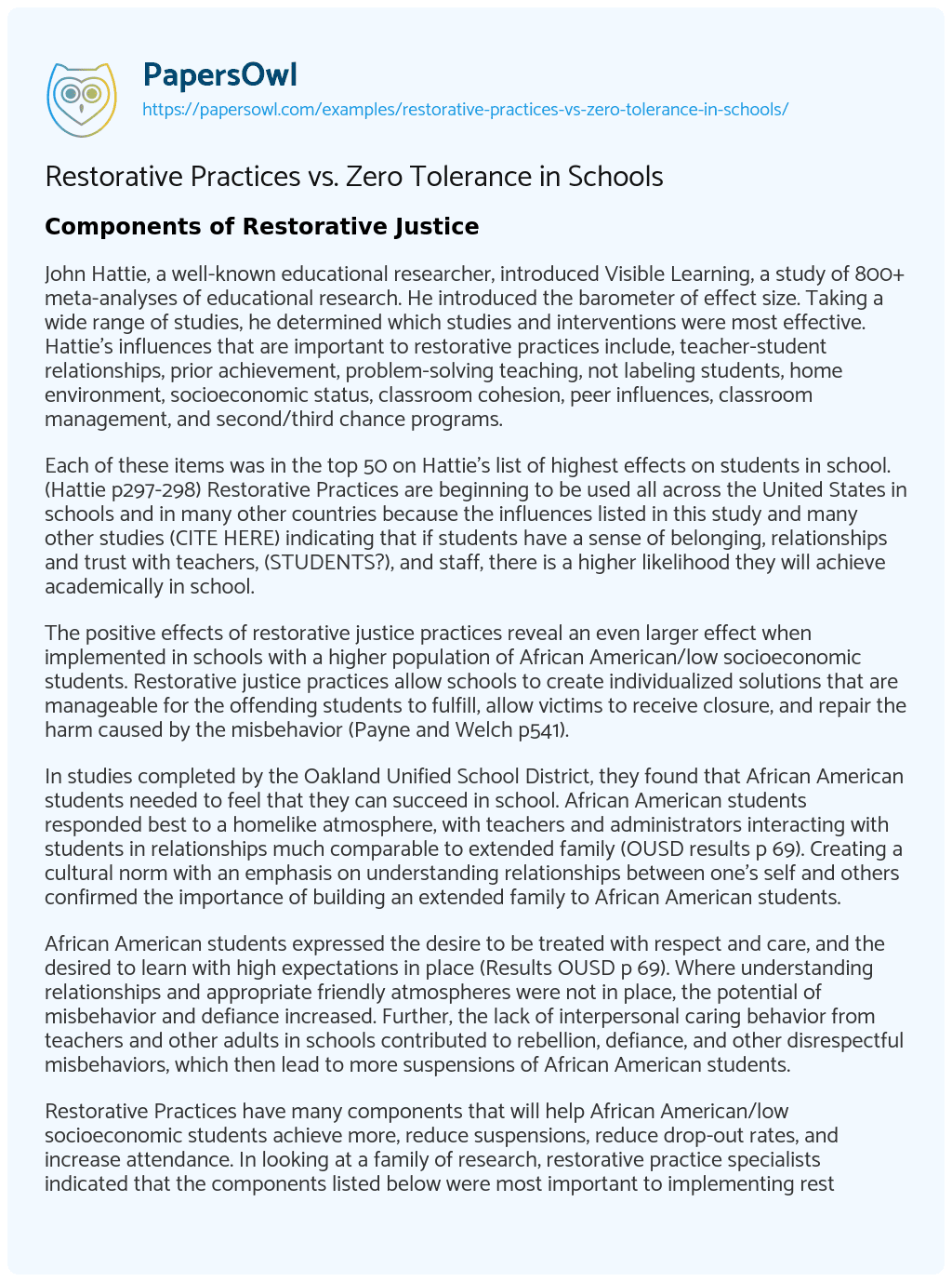Essay on Restorative Practices vs. Zero Tolerance in Schools
