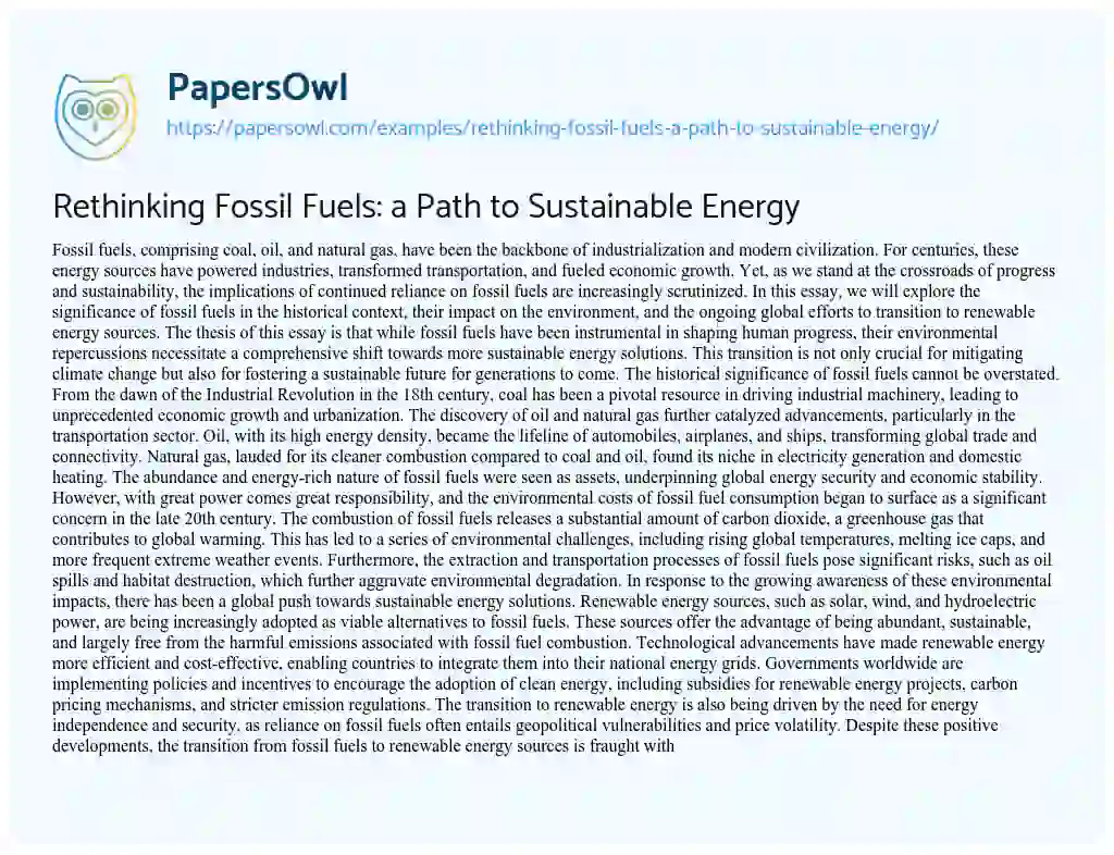 Essay on Rethinking Fossil Fuels: a Path to Sustainable Energy