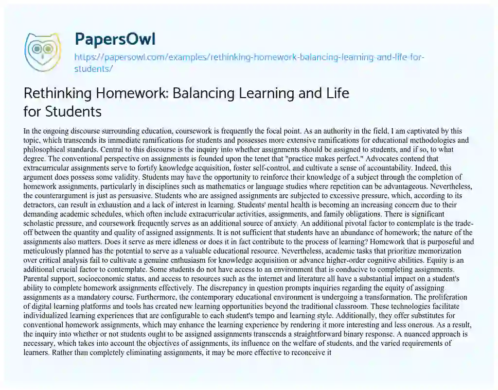 Essay on Rethinking Homework: Balancing Learning and Life for Students