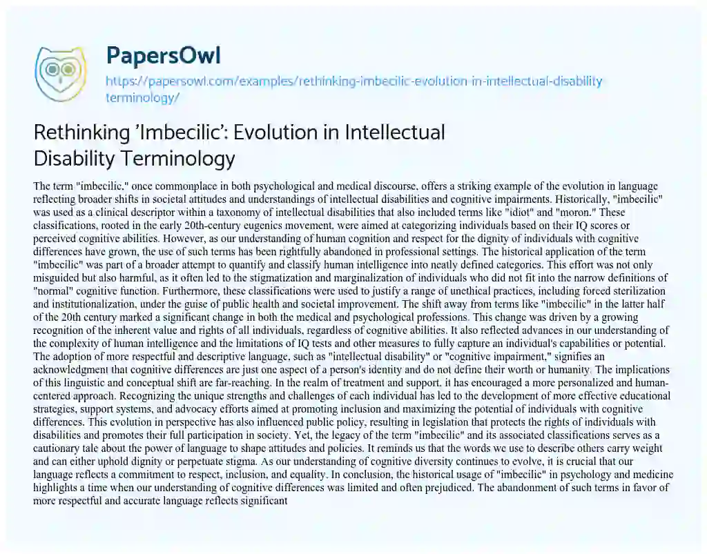 Essay on Rethinking ‘Imbecilic’: Evolution in Intellectual Disability Terminology