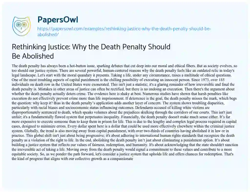 Essay on Rethinking Justice: Why the Death Penalty Should Be Abolished