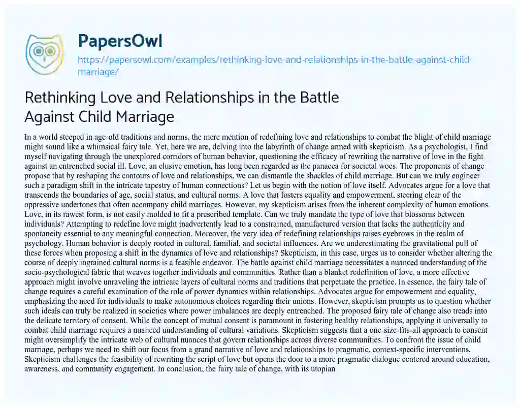 Essay on Rethinking Love and Relationships in the Battle against Child Marriage