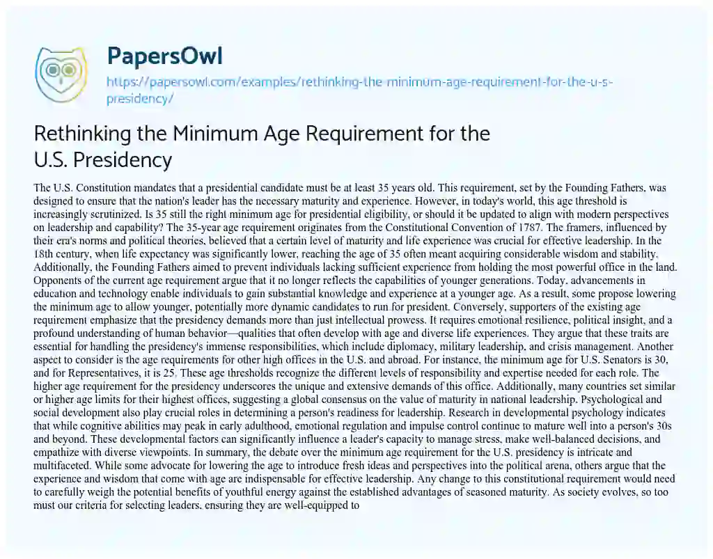 Essay on Rethinking the Minimum Age Requirement for the U.S. Presidency