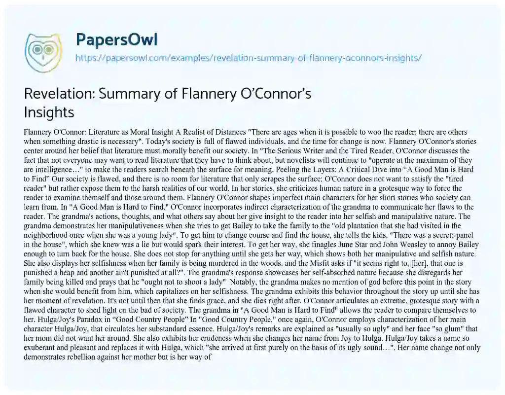 Essay on Revelation: Summary of Flannery O’Connor’s Insights