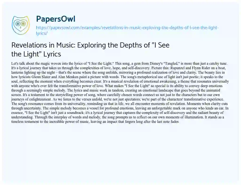 Essay on Revelations in Music: Exploring the Depths of “I See the Light” Lyrics