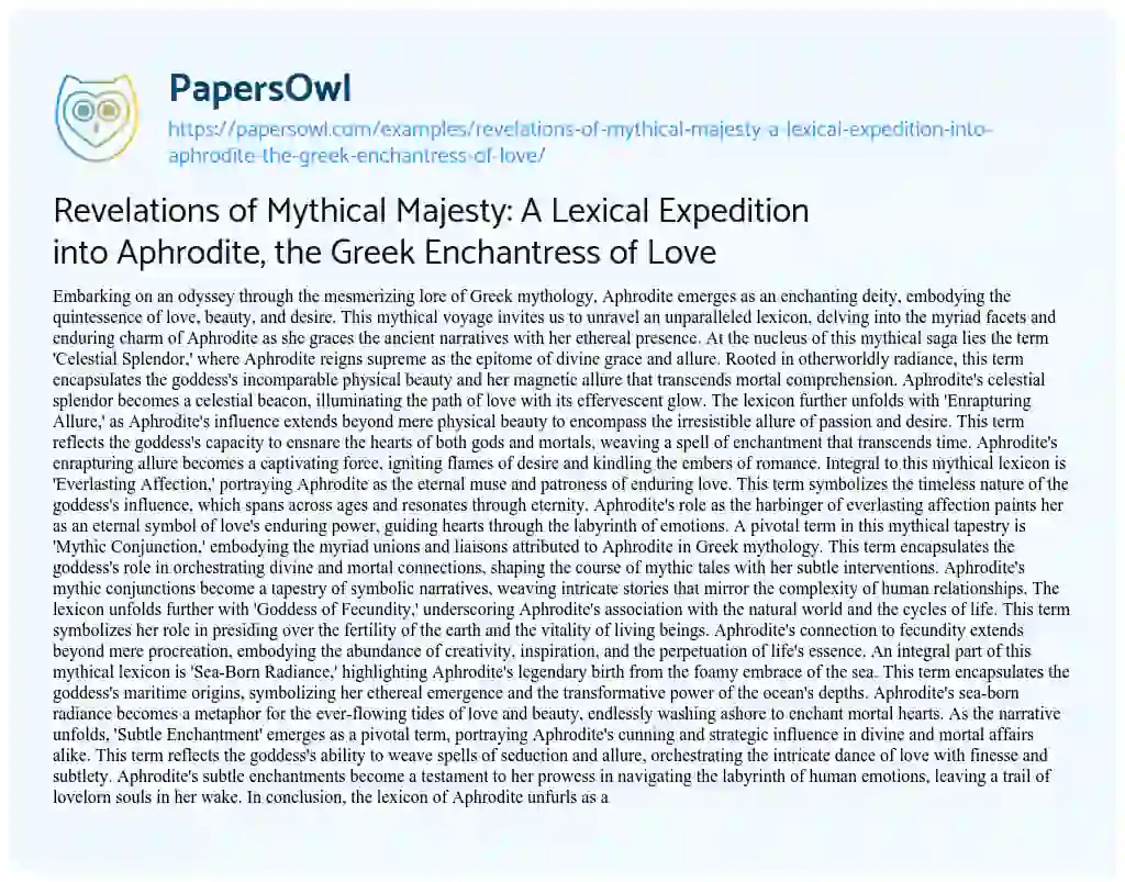 Essay on Revelations of Mythical Majesty: a Lexical Expedition into Aphrodite, the Greek Enchantress of Love