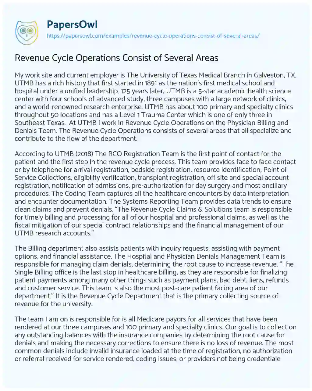 Essay on Revenue Cycle Operations Consist of Several Areas