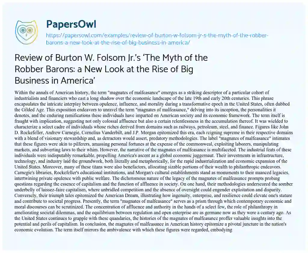Essay on Review of Burton W. Folsom Jr.’s ‘The Myth of the Robber Barons: a New Look at the Rise of Big Business in America’