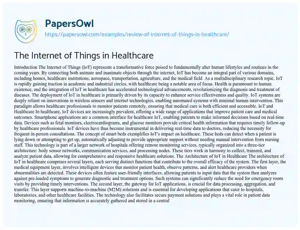 Essay on Review of Internet of Things in Healthcare