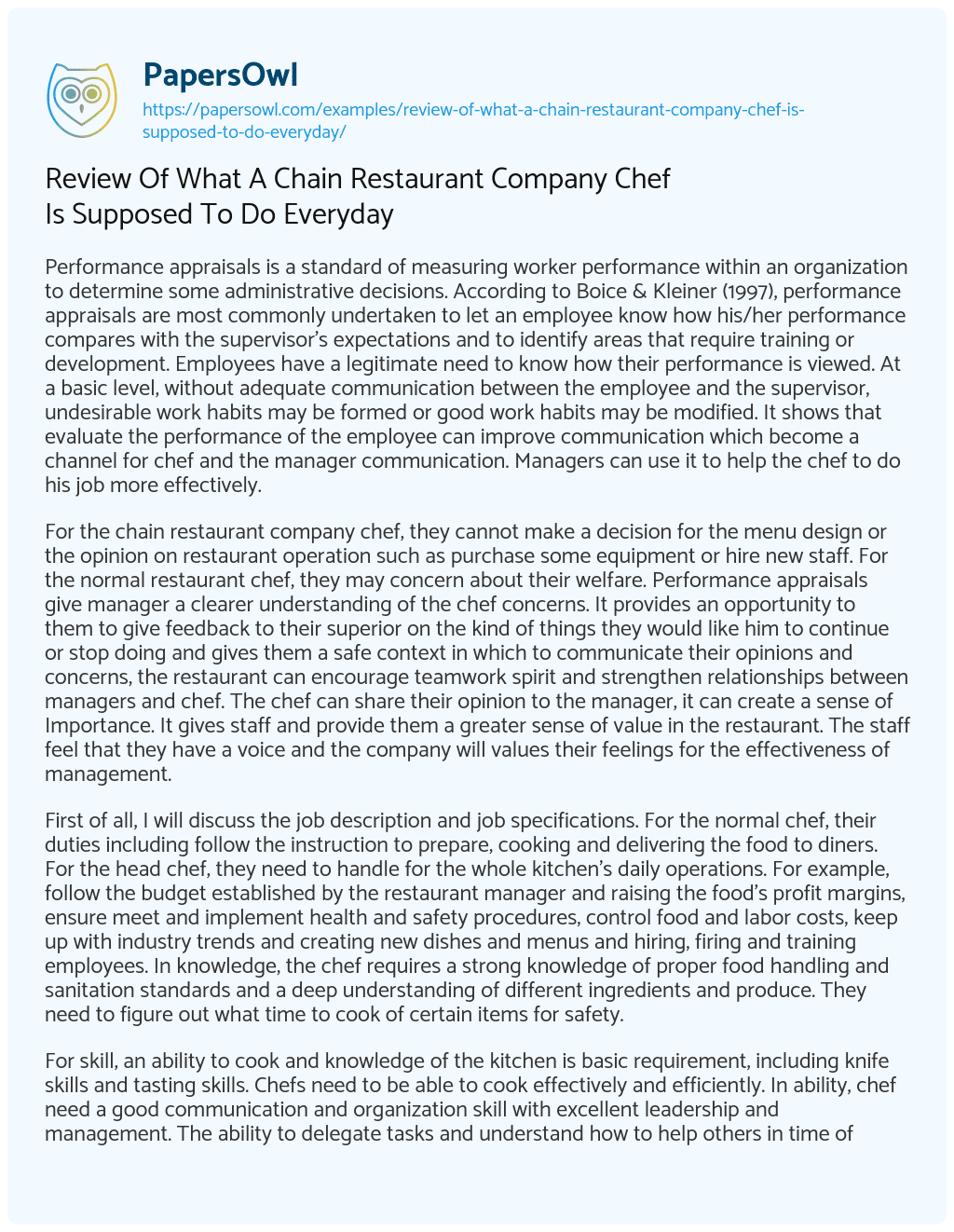 Review of what a Chain Restaurant Company Chef is Supposed to do Everyday Review of what a Chain Restaurant Company Chef is Supposed to do Everyday essay