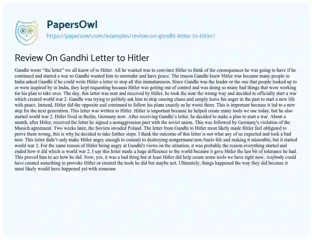 Essay on Review on Gandhi Letter to Hitler