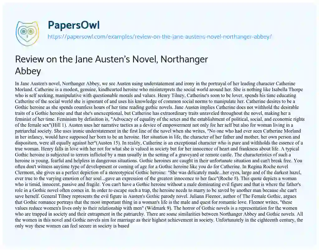Essay on Review on the Jane Austen’s Novel, Northanger Abbey