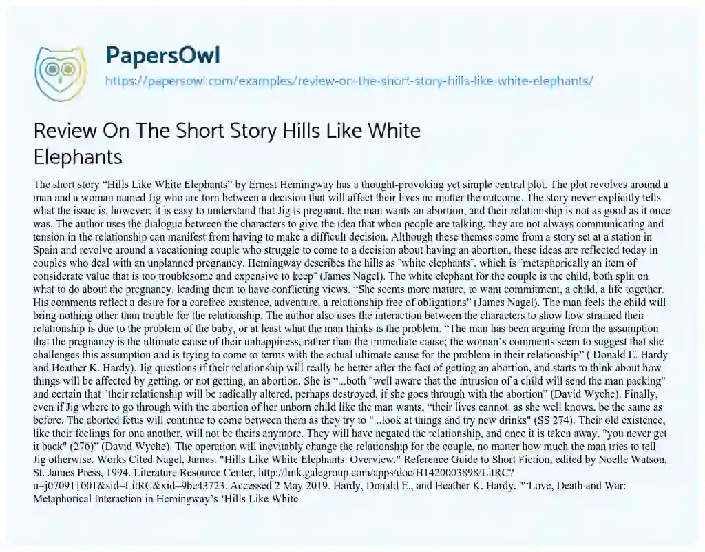 Review on the Short Story Hills Like White Elephants essay