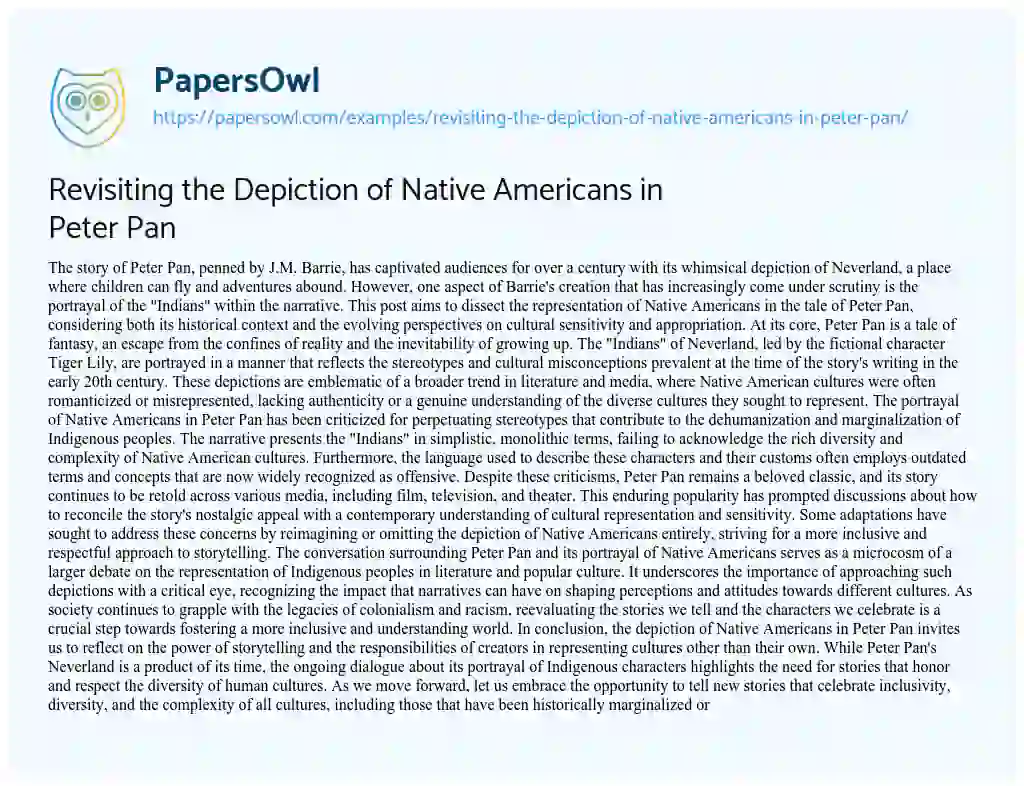 Essay on Revisiting the Depiction of Native Americans in Peter Pan