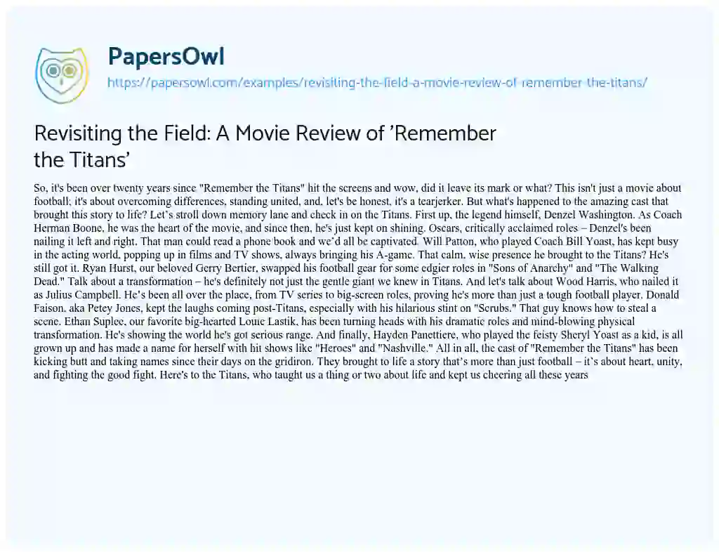 Essay on Revisiting the Field: a Movie Review of ‘Remember the Titans’