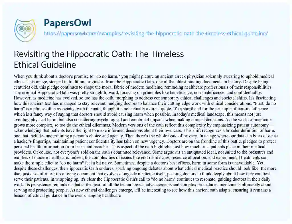 Essay on Revisiting the Hippocratic Oath: the Timeless Ethical Guideline