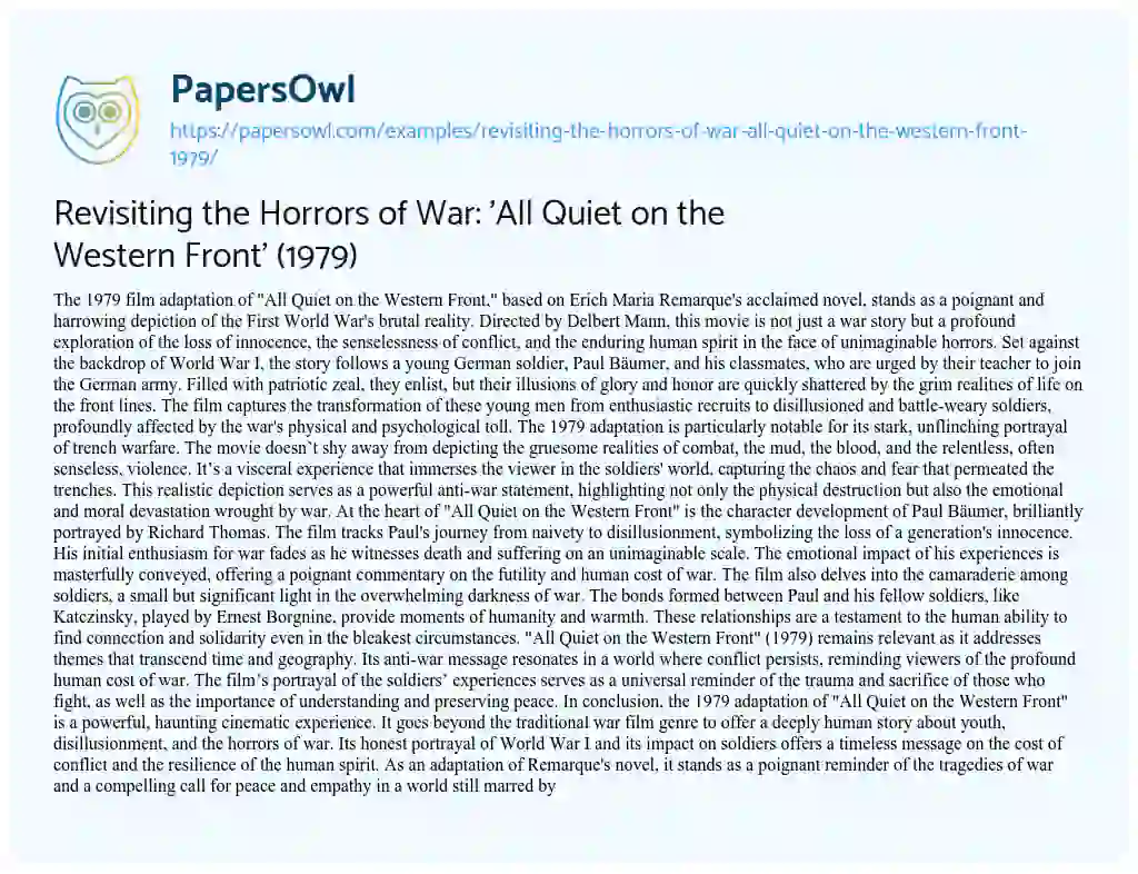 Essay on Revisiting the Horrors of War: ‘All Quiet on the Western Front’ (1979)