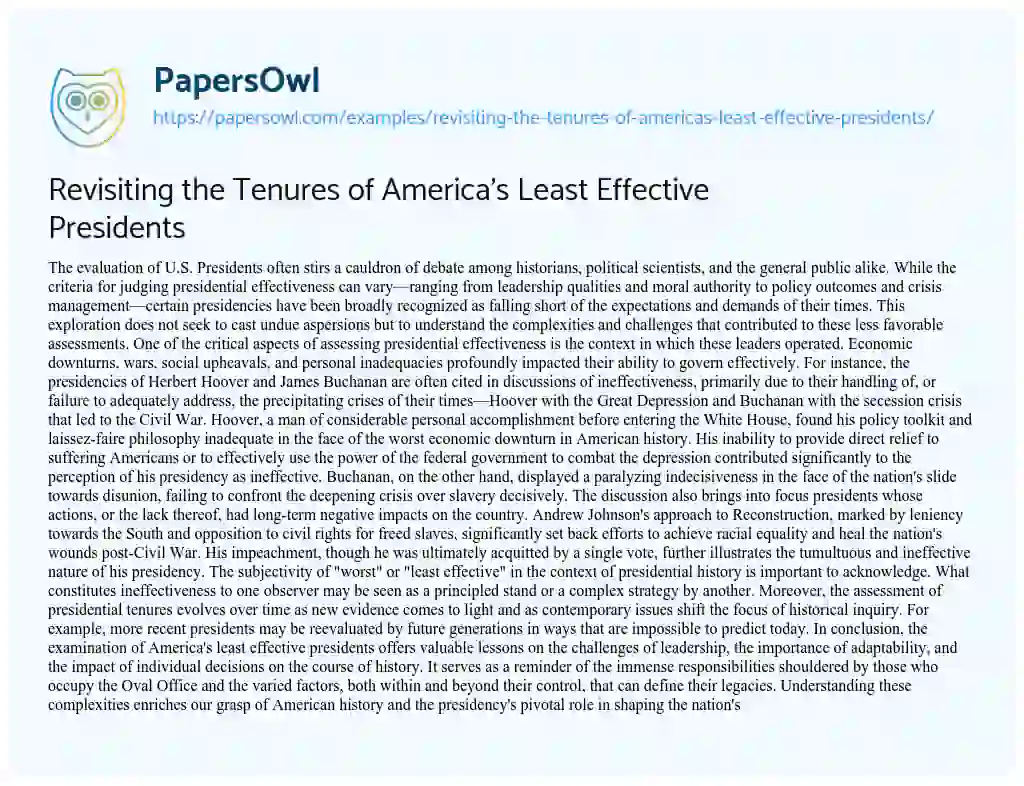 Essay on Revisiting the Tenures of America’s Least Effective Presidents