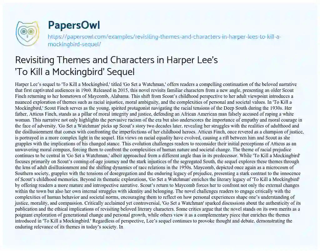 Essay on Revisiting Themes and Characters in Harper Lee’s ‘To Kill a Mockingbird’ Sequel