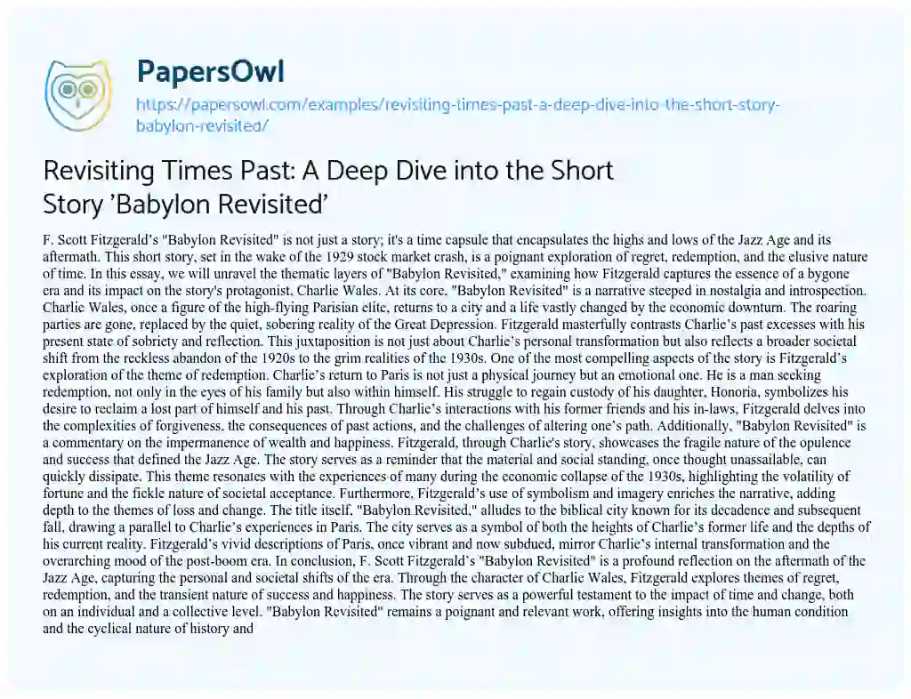 Essay on Revisiting Times Past: a Deep Dive into the Short Story ‘Babylon Revisited’