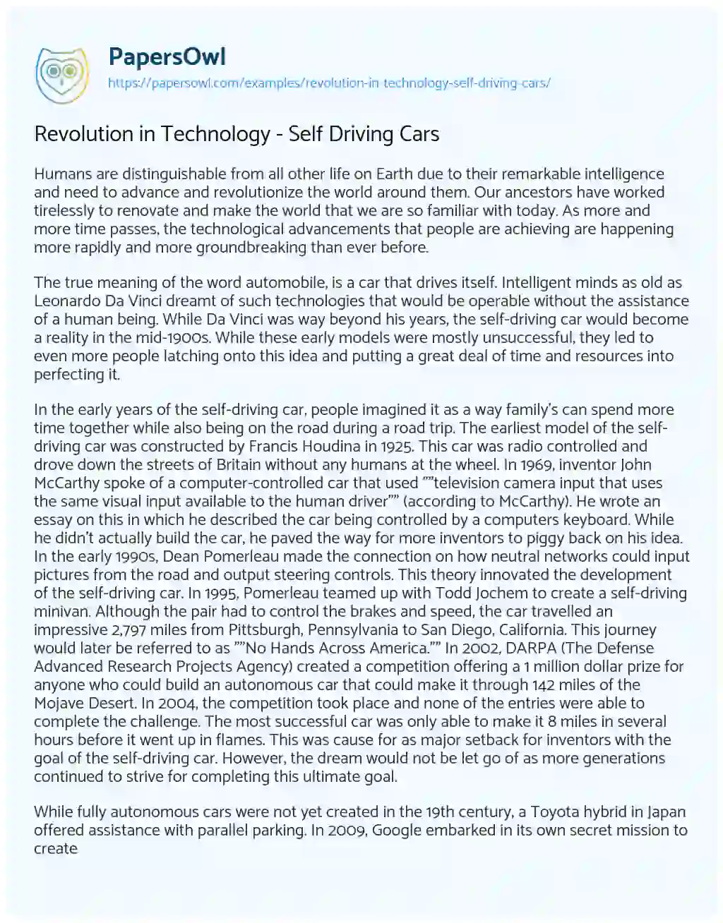 Essay on Revolution in Technology – Self Driving Cars