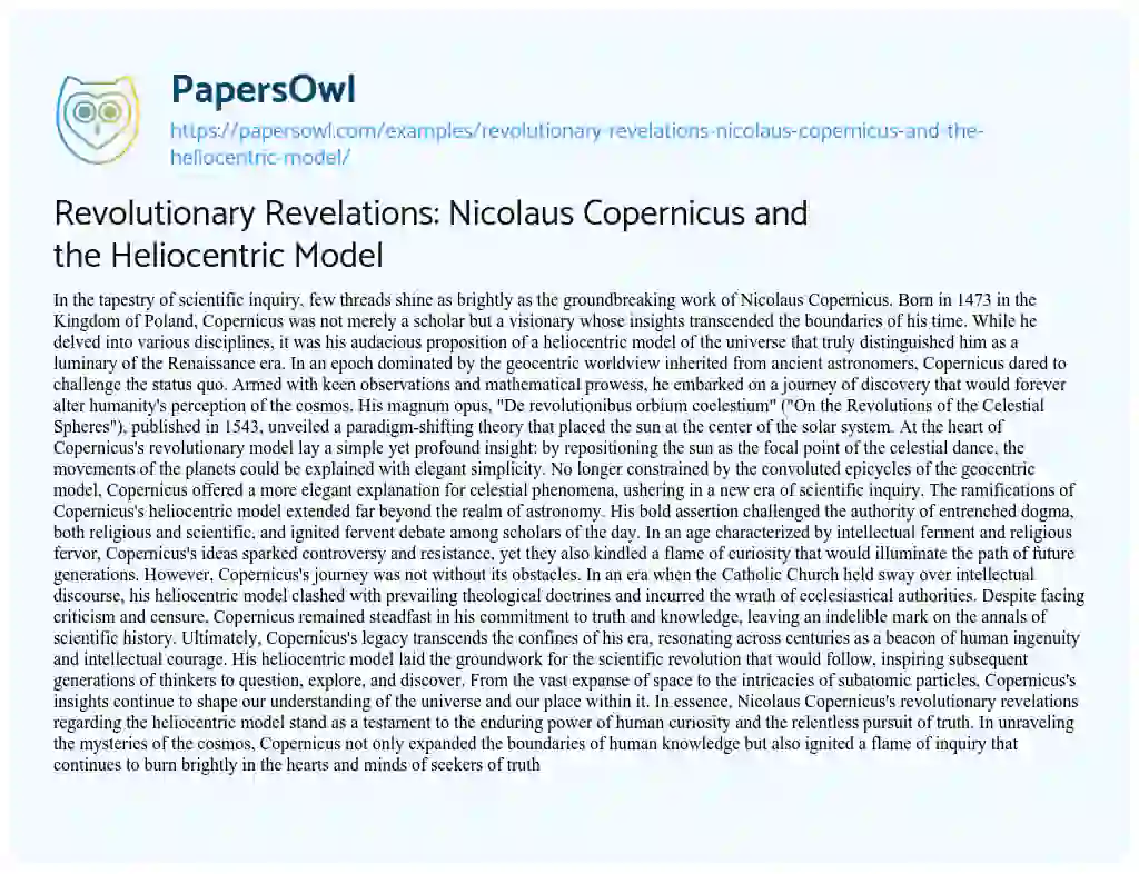 Essay on Revolutionary Revelations: Nicolaus Copernicus and the Heliocentric Model