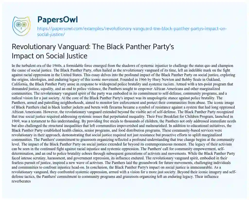 Essay on Revolutionary Vanguard: the Black Panther Party’s Impact on Social Justice
