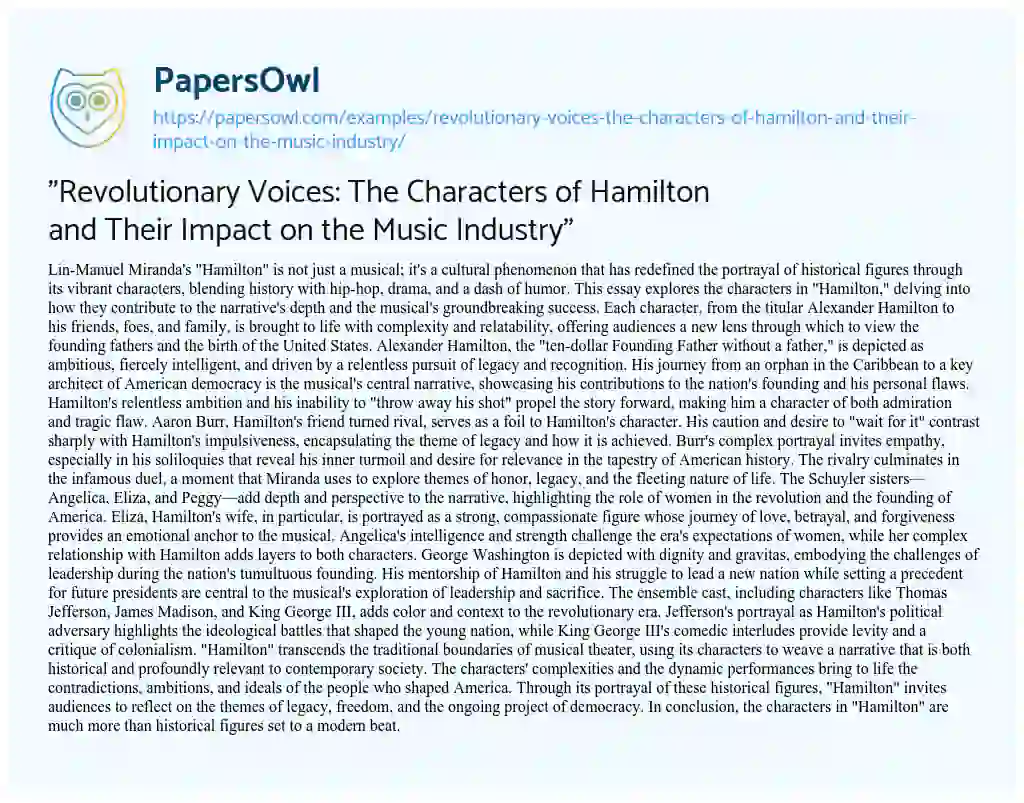 Essay on “Revolutionary Voices: the Characters of Hamilton and their Impact on the Music Industry”