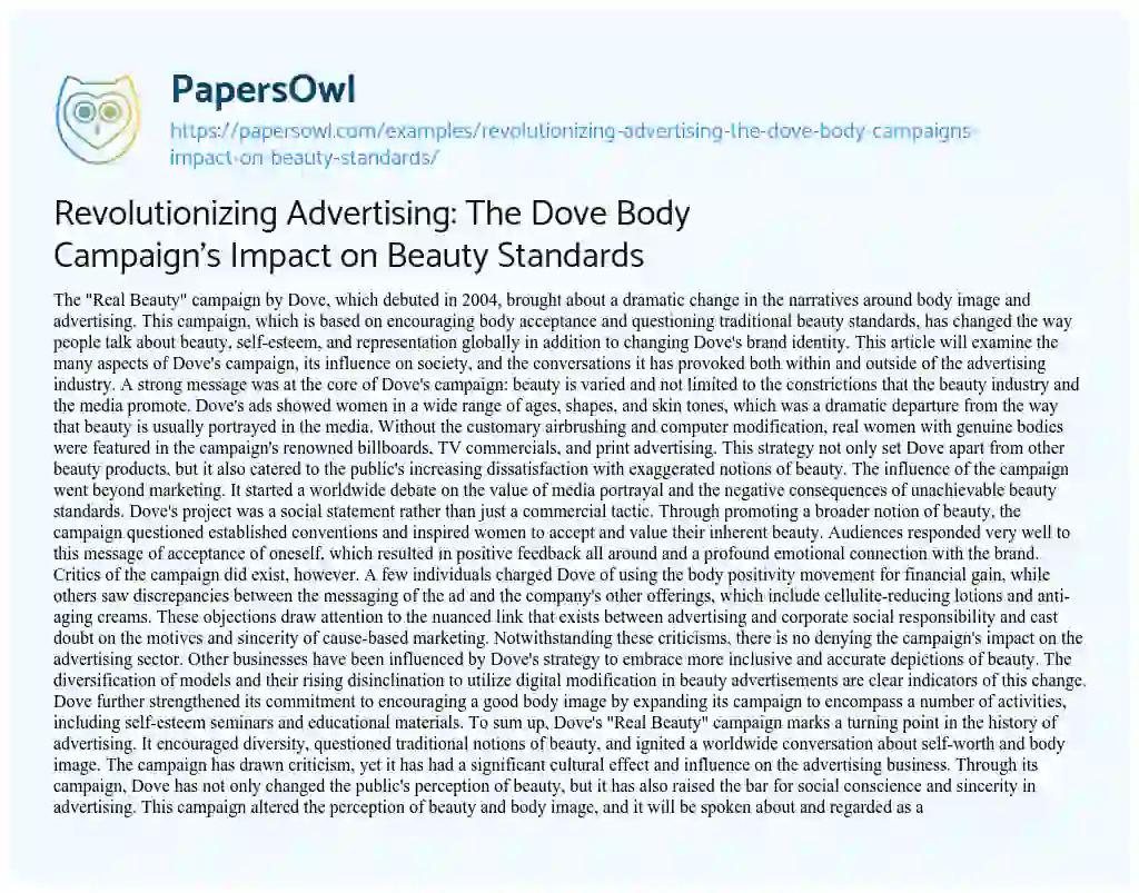 Essay on Revolutionizing Advertising: the Dove Body Campaign’s Impact on Beauty Standards