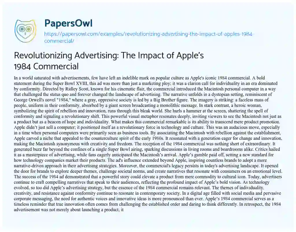 Essay on Revolutionizing Advertising: the Impact of Apple’s 1984 Commercial