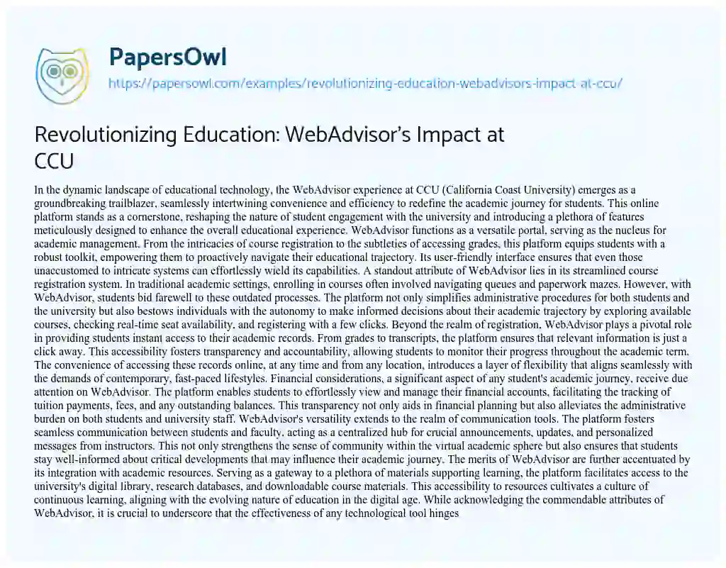 Essay on Revolutionizing Education: WebAdvisor’s Impact at CCU