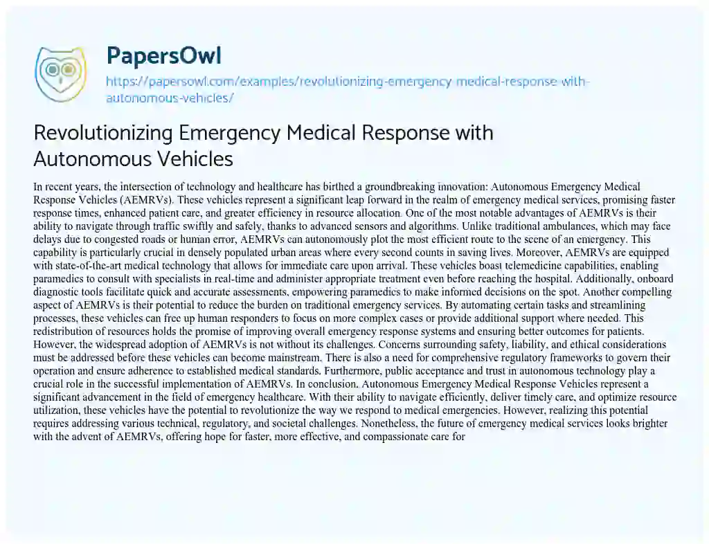 Essay on Revolutionizing Emergency Medical Response with Autonomous Vehicles