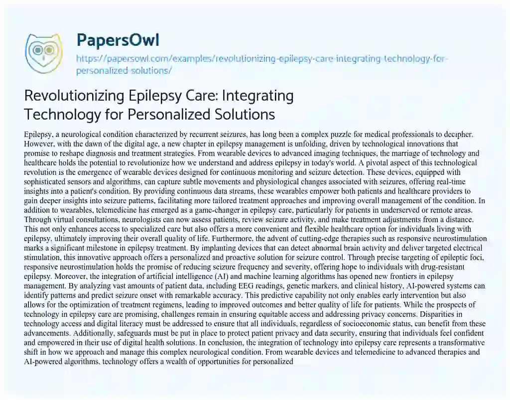 Essay on Revolutionizing Epilepsy Care: Integrating Technology for Personalized Solutions