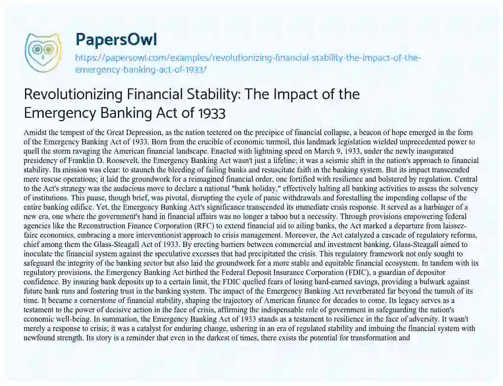 Essay on Revolutionizing Financial Stability: the Impact of the Emergency Banking Act of 1933